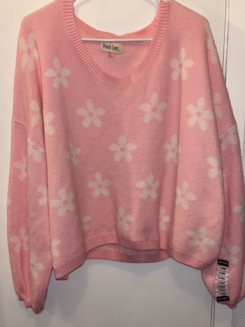 Hot Topic Pink Sweater with White Daisy Pattern - Women's Crew Neck